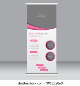 Roll up banner stand plantilla. Resumen de antecedentes para diseño, negocios, educación, publicidad. Color rosa. Ilustración vectorial.