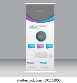 Roll up banner stand template. Abstract background for design,  business, education, advertisement. Blue and purple color. Vector  illustration.