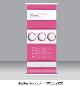 Roll up banner stand template. Abstract background for design,  business, education, advertisement. Pink color. Vector  illustration.