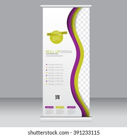 Roll up banner stand template. Abstract background for design,  business, education, advertisement. Yellow and purple color. Vector  illustration.