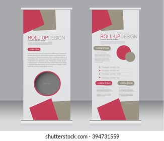 Roll up banner stand template. Abstract background for design,  business, education, advertisement.  Red and brown color. Vector  illustration