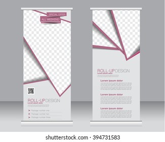 Roll up banner stand template. Abstract background for design,  business, education, advertisement.  Red color. Vector  illustration