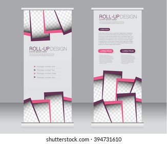 Roll up banner stand template. Abstract background for design,  business, education, advertisement.  Purple and pink color. Vector  illustration