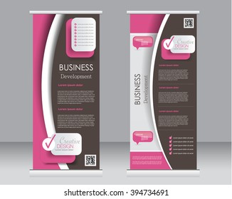 Roll up banner stand template. Abstract background for design,  business, education, advertisement.  Brown and pink color. Vector  illustration