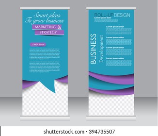Roll up banner stand template. Abstract background for design,  business, education, advertisement.  Purple and blue color. Vector  illustration