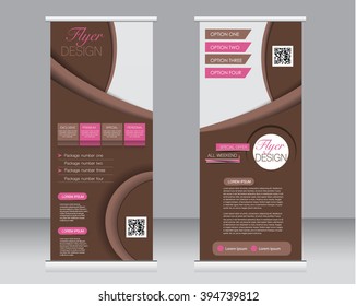 Roll up banner stand template. Abstract background for design,  business, education, advertisement.  Brown and pink color. Vector  illustration