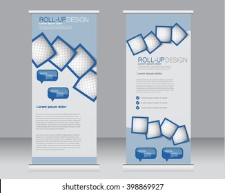 Roll up banner stand template. Abstract background for design,  business, education, advertisement.  Blue color. Vector  illustration