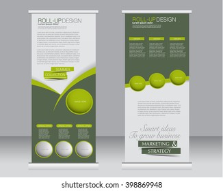 Roll up banner stand template. Abstract background for design,  business, education, advertisement.  Green color. Vector  illustration