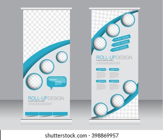 Roll up banner stand template. Abstract background for design,  business, education, advertisement.  Blue color. Vector  illustration