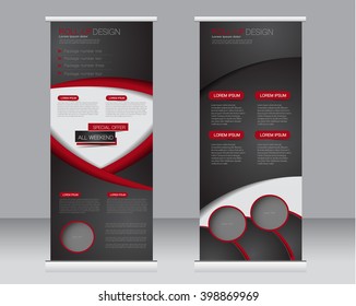 Roll up banner stand template. Abstract background for design,  business, education, advertisement.  Black and red color. Vector  illustration