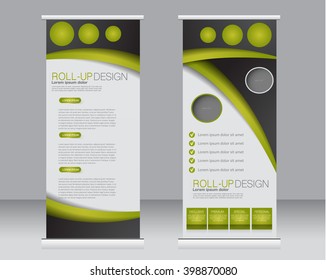 Roll up banner stand template. Abstract background for design,  business, education, advertisement.  Black and green color. Vector  illustration