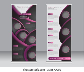 Roll up banner stand template. Abstract background for design,  business, education, advertisement.  Black and purple color. Vector  illustration