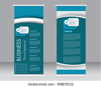 Roll up banner stand template. Abstract background for design,  business, education, advertisement.  Blue color. Vector  illustration