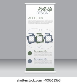 Roll up banner stand template. Abstract background for design,  business, education, advertisement. Green and grey color. Vector  illustration.