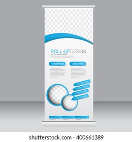 Roll up banner stand template. Abstract background for design,  business, education, advertisement. Blue color. Vector  illustration.