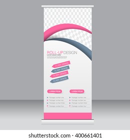 Roll up banner stand template. Abstract background for design,  business, education, advertisement. Pink and grey color. Vector  illustration.