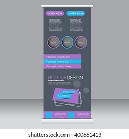 Roll up banner stand template. Abstract background for design,  business, education, advertisement. Blue and purple color. Vector  illustration.