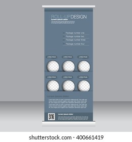 Roll up banner stand template. Abstract background for design,  business, education, advertisement.  Grey color. Vector  illustration.