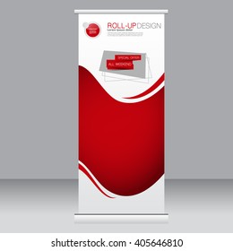 Roll up banner stand template. Abstract background for design,  business, education, advertisement. Red color. Vector  illustration.