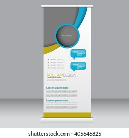 Roll up banner stand template. Abstract background for design,  business, education, advertisement. Blue and yellow color. Vector  illustration.