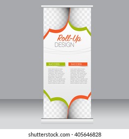 Roll up banner stand template. Abstract background for design,  business, education, advertisement. Orange and green color. Vector  illustration.