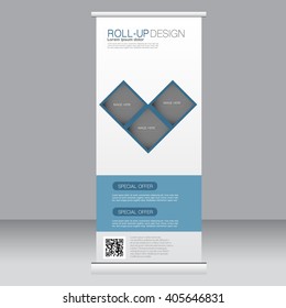 Roll up banner stand template. Abstract background for design,  business, education, advertisement. Blue color. Vector  illustration.