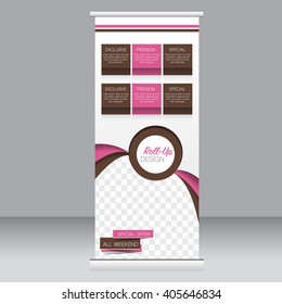 Roll up banner stand template. Abstract background for design,  business, education, advertisement. Pink and brown color. Vector  illustration.