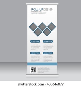 Roll up banner stand template. Abstract background for design,  business, education, advertisement. Blue color. Vector  illustration.