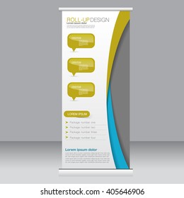 Roll up banner stand template. Abstract background for design,  business, education, advertisement. Blue and yellow color. Vector  illustration.