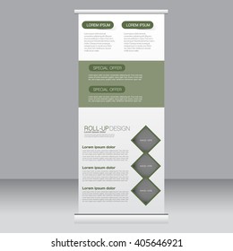 Roll up banner stand template. Abstract background for design,  business, education, advertisement.  Green color. Vector  illustration.