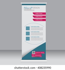 Roll up banner stand template. Abstract background for design,  business, education, advertisement.  Pink and blue color. Vector  illustration.