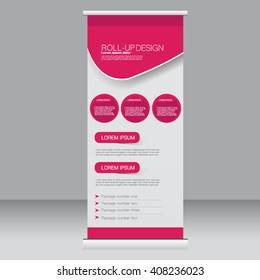 Roll up banner stand template. Abstract background for design,  business, education, advertisement. Pink color. Vector  illustration.