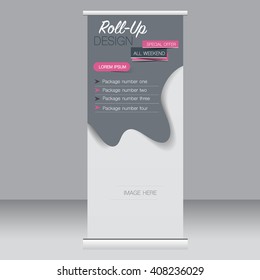 Roll up banner stand template. Abstract background for design,  business, education, advertisement. Pink and grey color. Vector  illustration.