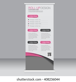 Roll up banner stand template. Abstract background for design,  business, education, advertisement. Pink and black color. Vector  illustration.