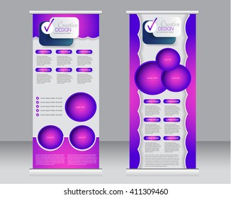 Roll up banner stand template. Abstract background for design,  business, education, advertisement.  Purple color. Vector  illustration.