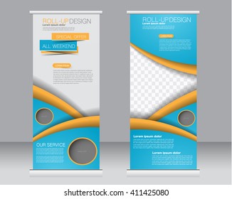 Roll up banner stand template. Abstract background for design,  business, education, advertisement.  Blue and yellow color. Vector  illustration.
