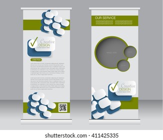 Roll up banner stand template. Abstract background for design,  business, education, advertisement.  Green and blue color. Vector  illustration.