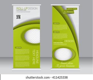 Roll up banner stand template. Abstract background for design,  business, education, advertisement.  Green color. Vector  illustration.