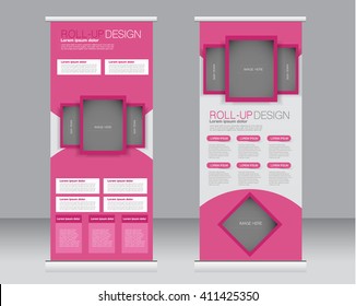 Roll up banner stand template. Abstract background for design,  business, education, advertisement.  Pink color. Vector  illustration.