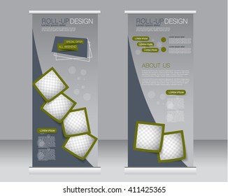 Roll up banner stand template. Abstract background for design,  business, education, advertisement.  Green and grey color. Vector  illustration.