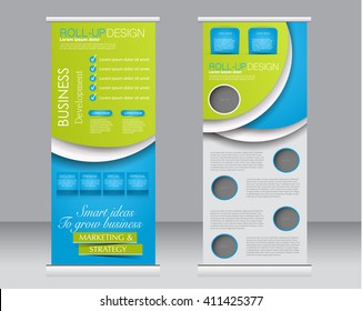 Roll up banner stand template. Abstract background for design,  business, education, advertisement.  Green and blue color. Vector  illustration.