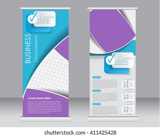 Roll up banner stand template. Abstract background for design,  business, education, advertisement.  Purple and blue color. Vector  illustration.