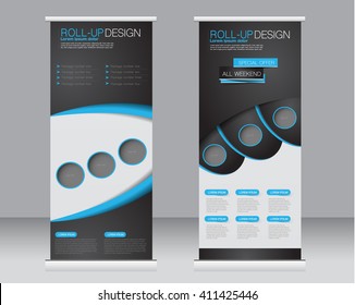 Roll up banner stand template. Abstract background for design,  business, education, advertisement.  Blue and black color. Vector  illustration.