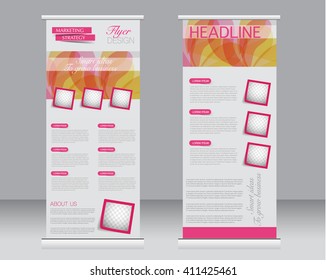 Roll up banner stand template. Abstract background for design,  business, education, advertisement.  Orange and pink color. Vector  illustration.