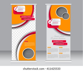 Roll up banner stand template. Abstract background for design,  business, education, advertisement. Red and orange color. Vector  illustration.