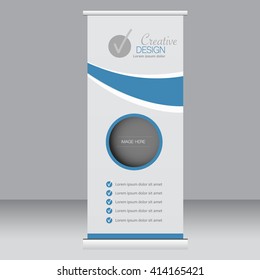 Roll up banner stand template. Abstract background for design,  business, education, advertisement. Blue color. Vector  illustration.