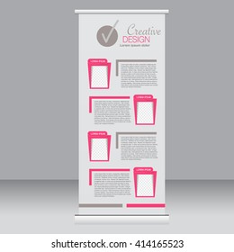 Roll up banner stand template. Abstract background for design,  business, education, advertisement. Pink color. Vector  illustration.