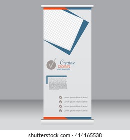Roll up banner stand template. Abstract background for design,  business, education, advertisement.  Blue and orange color. Vector  illustration.