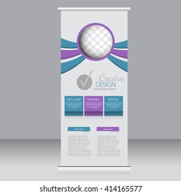 Roll up banner stand template. Abstract background for design,  business, education, advertisement. Blue and purple color. Vector  illustration.
