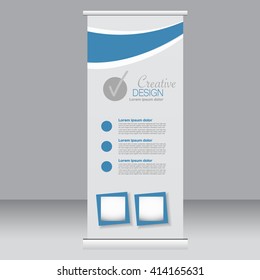 Roll up banner stand template. Abstract background for design,  business, education, advertisement. Blue color. Vector  illustration.